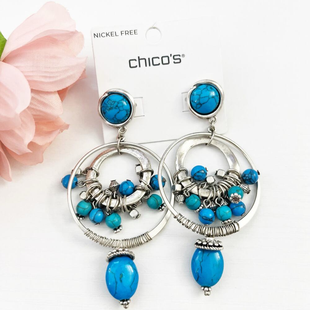 NEW Chico's Turquoise Howlite No Droop Hoop Drop Earrings